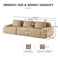 114" Modern Modular Sectional Sofa for Living Room,Flannelette Fabric,Oversized 3-Seater Couch,boneless sofa,Deep Seat,Buckle connection,Anti-slip Design,No Assembly,Light Camel