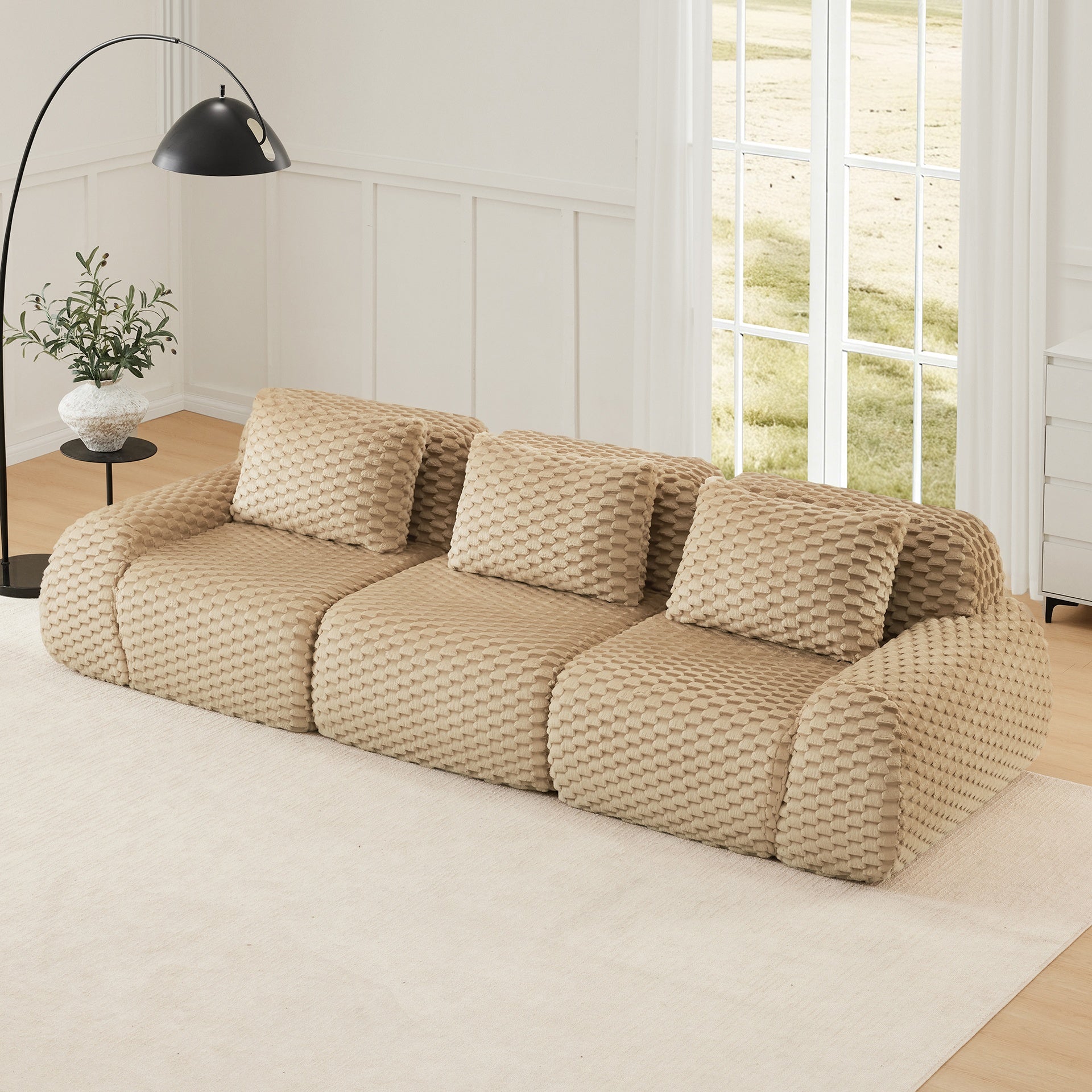 114" Modern Modular Sectional Sofa for Living Room,Flannelette Fabric,Oversized 3-Seater Couch,boneless sofa,Deep Seat,Buckle connection,Anti-slip Design,No Assembly,Light Camel