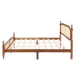 King Pine wooden Bed with Rattan Headboard  and Footboard, with  Central Enhanced Bed Platform,Walnut