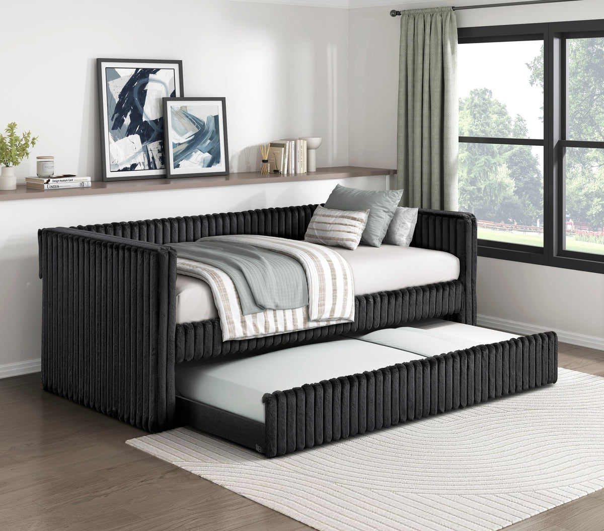 1pc Daybed with Trundle Black Corduroy Fabric Upholstery Modern Luxury Home Furniture Durable Comfortable