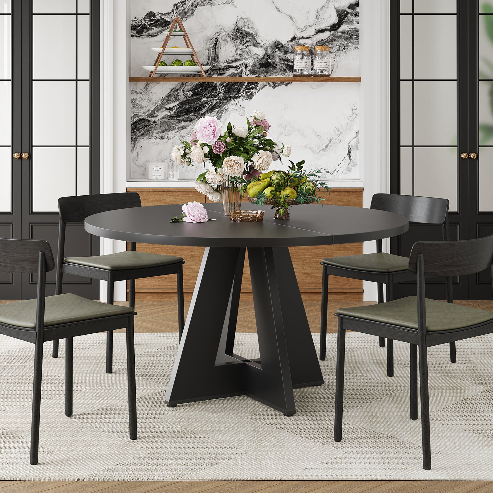 47" Round Dining Table for 4-7 People, Modern Wood Kitchen Table with Sturdy Metal Base, Large Round Dinner Table for Dining Room, Easy Assembly
