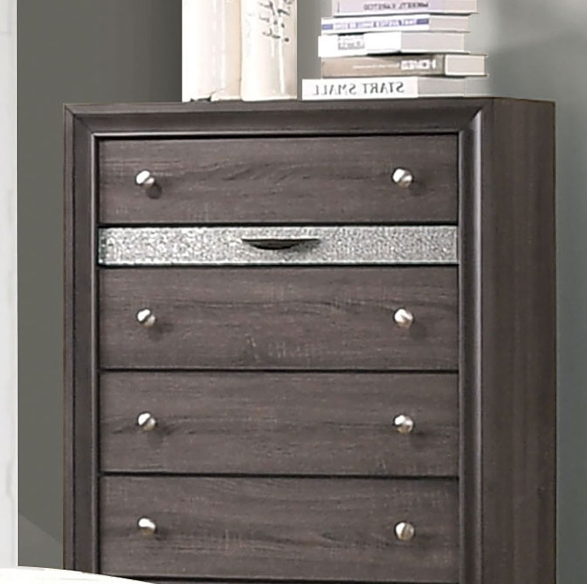 Gray Finish Contemporary Style 1pc Chest  Hidden Jewelry Drawer English Dovetail Drawers Silver Knobs Bedroom Furniture