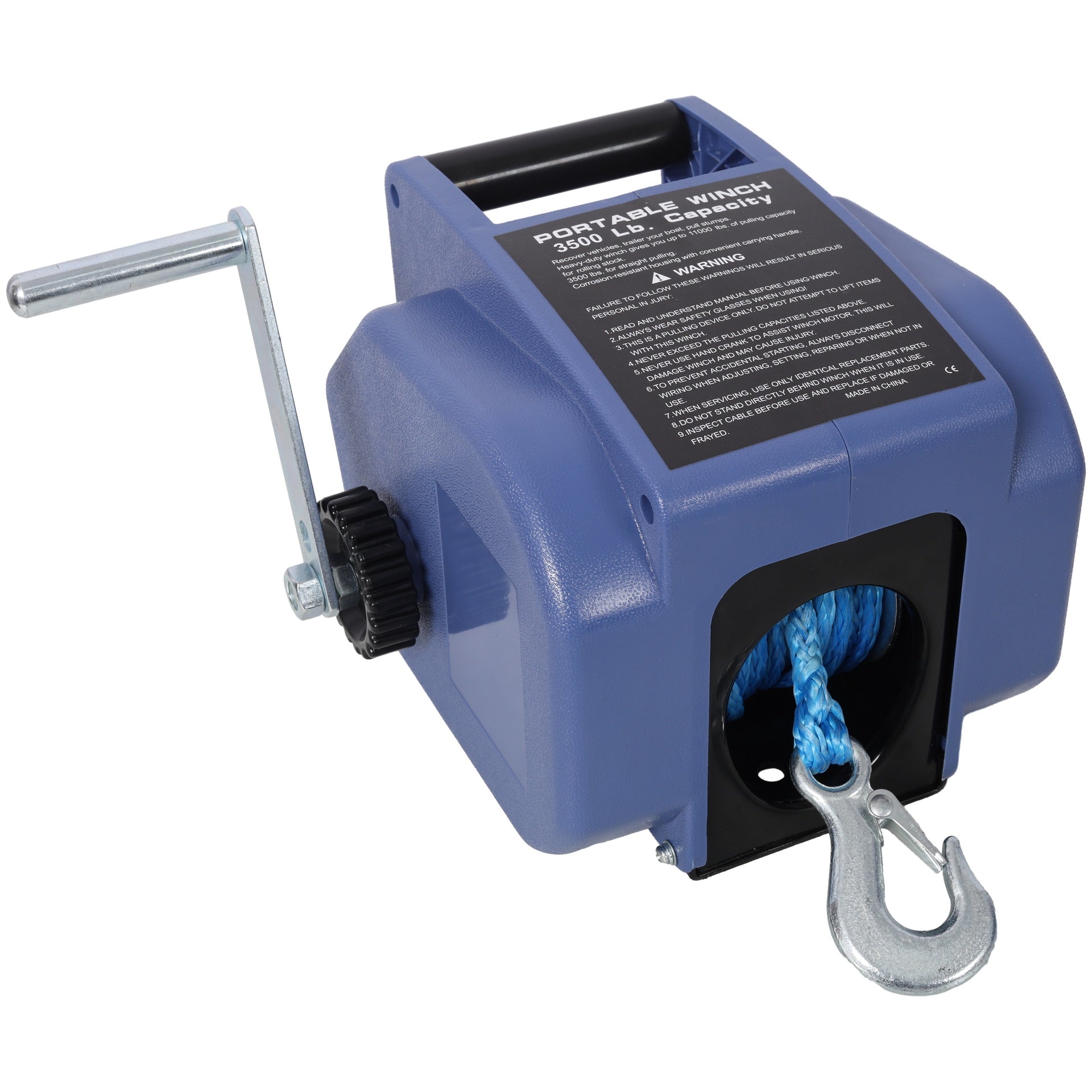 12v 3500lbs Trailer Winch,Reversible Electric Winch, for Boats up to 5000 lbs.,with synthetic rope,with extra pulley hook,power in and power out,with manual function.blue plastic casing