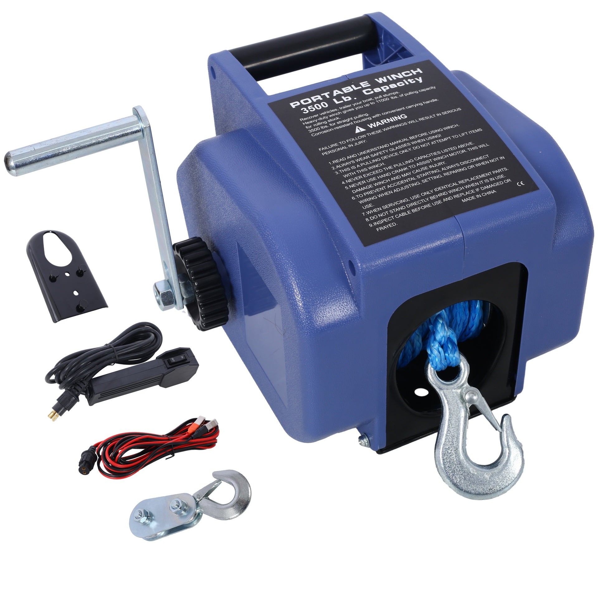 12v 3500lbs Trailer Winch,Reversible Electric Winch, for Boats up to 5000 lbs.,with synthetic rope,with extra pulley hook,power in and power out,with manual function.blue plastic casing