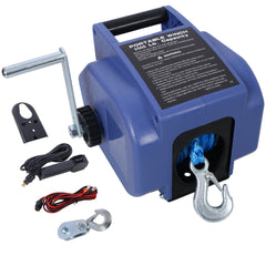 12v 3500lbs Trailer Winch,Reversible Electric Winch, for Boats up to 5000 lbs.,with synthetic rope,with extra pulley hook,power in and power out,with manual function.blue plastic casing