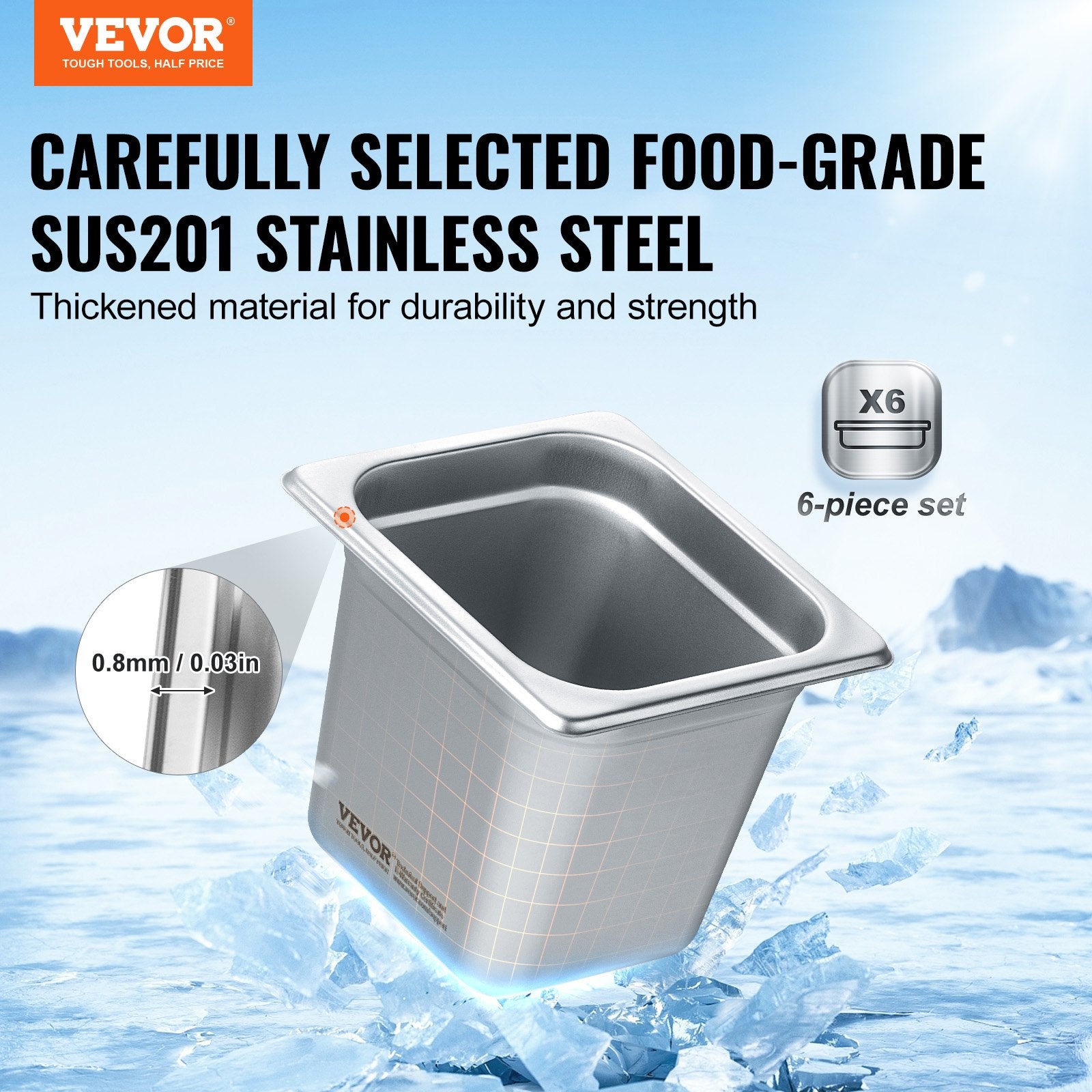 6 Pack Hotel Pans, 1/6  Size Anti-Jam Steam Pan, 0.8mm Thick Stainless Steel Restaurant Steam Table Pan, 6-Inch Deep Commercial Table Pan, Catering Storage Food Pan, for Industrial & Scientific