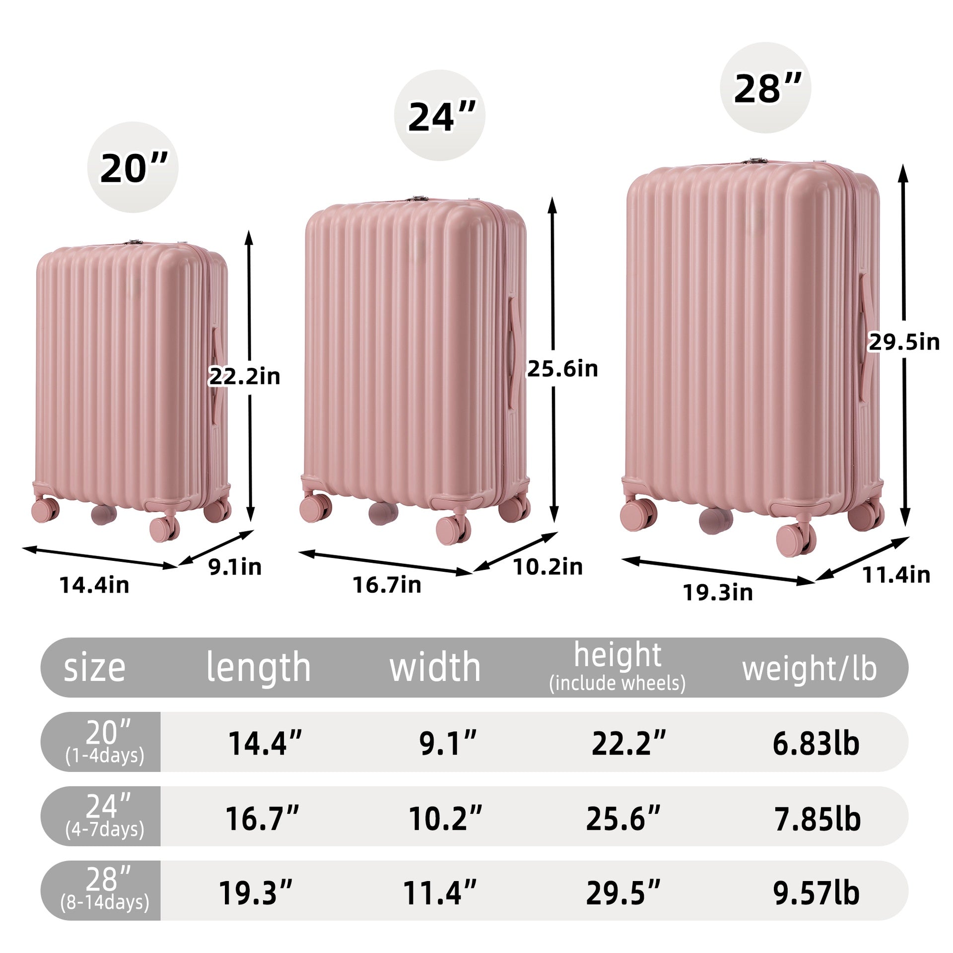 20"/24"/28" 3 pcs/set in ABS Spinner Wheel Luggage, Carry on Suitcase, with Cup Holder & USB Port & Phone Holder (Pink)
