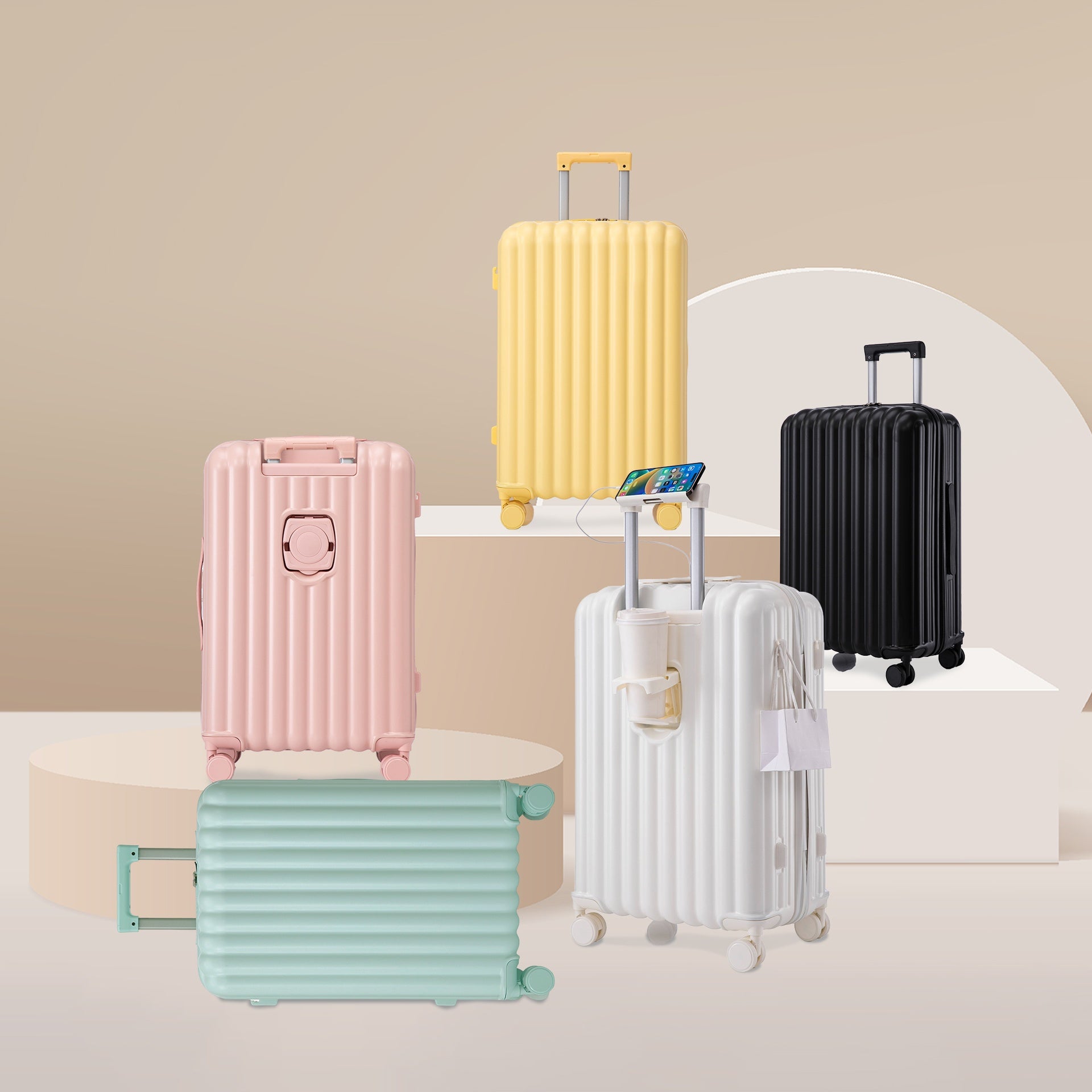 20"/24"/28" 3 pcs/set in ABS Spinner Wheel Luggage, Carry on Suitcase, with Cup Holder & USB Port & Phone Holder (Pink)