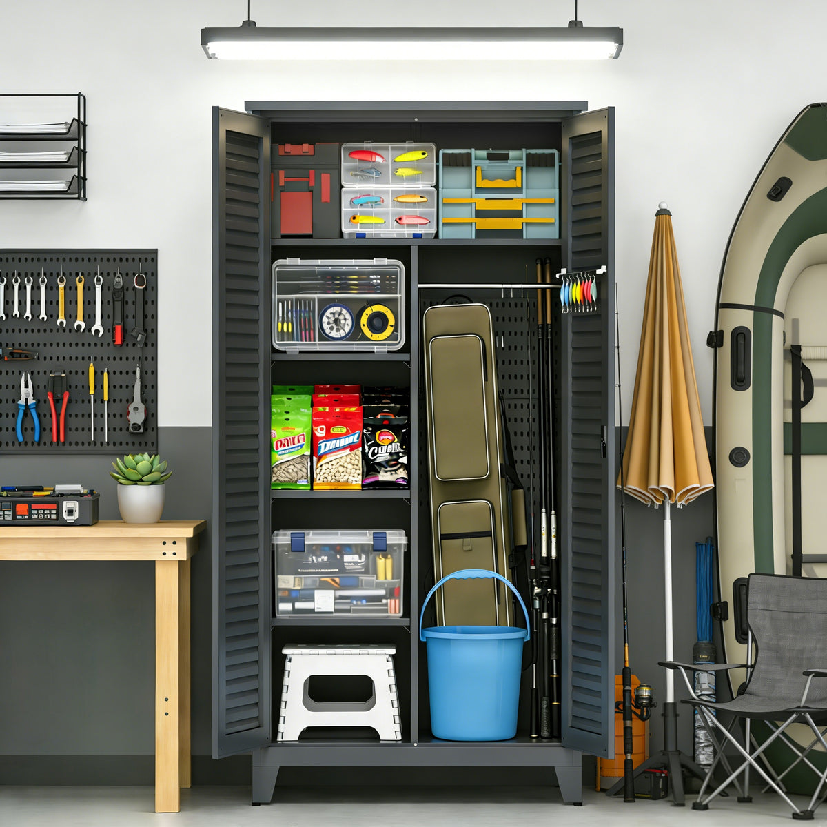 73'' Tall Metal Tool Storage Cabinet, with Ample Storage Space for Garage,Warehouse,Garden,Office, Living Room,Bathroom,Utility Room ( Slate )