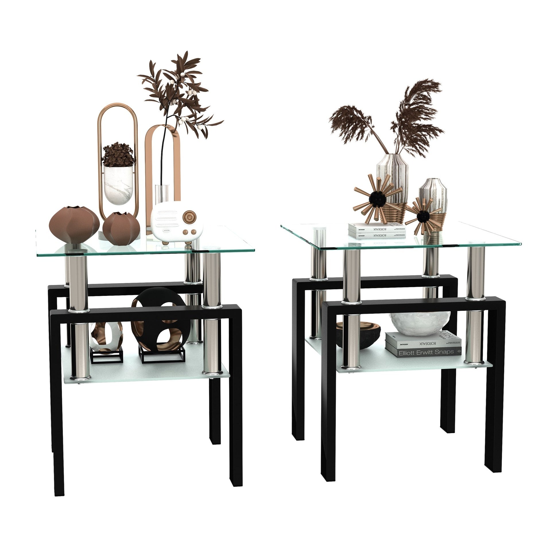 Set of 2, Modern Tempered Glass Tea Table Coffee Table End Table, Square Table for Living Room, Transparent/Black