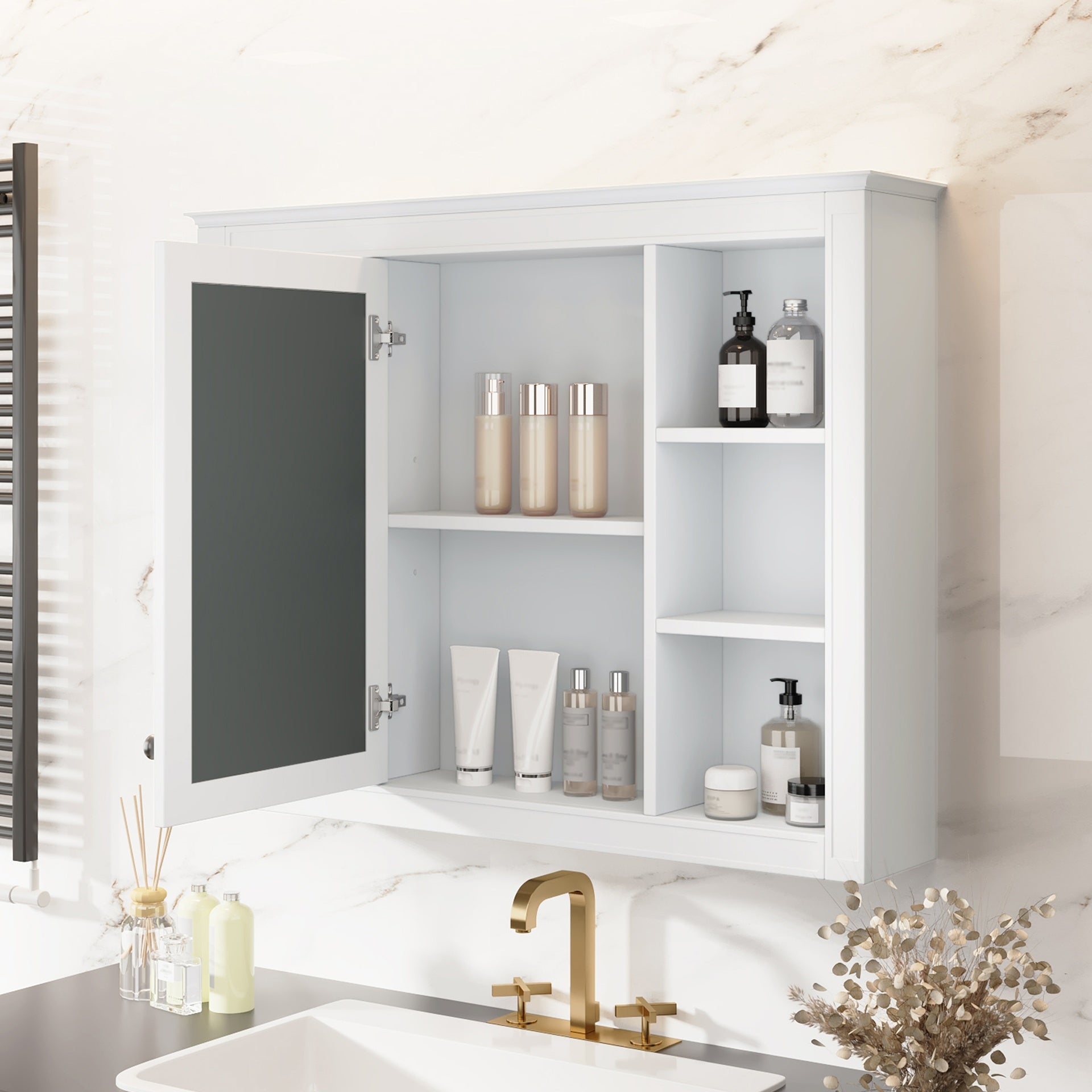 35'' x 27.5'' Medicine Cabinet, Wall Mounted Bathroom Storage Cabinet, Modern Bathroom Wall Cabinet with Mirror, Mirror Cabinet with 6 Open Shelves (Not Include Bathroom Vanity )