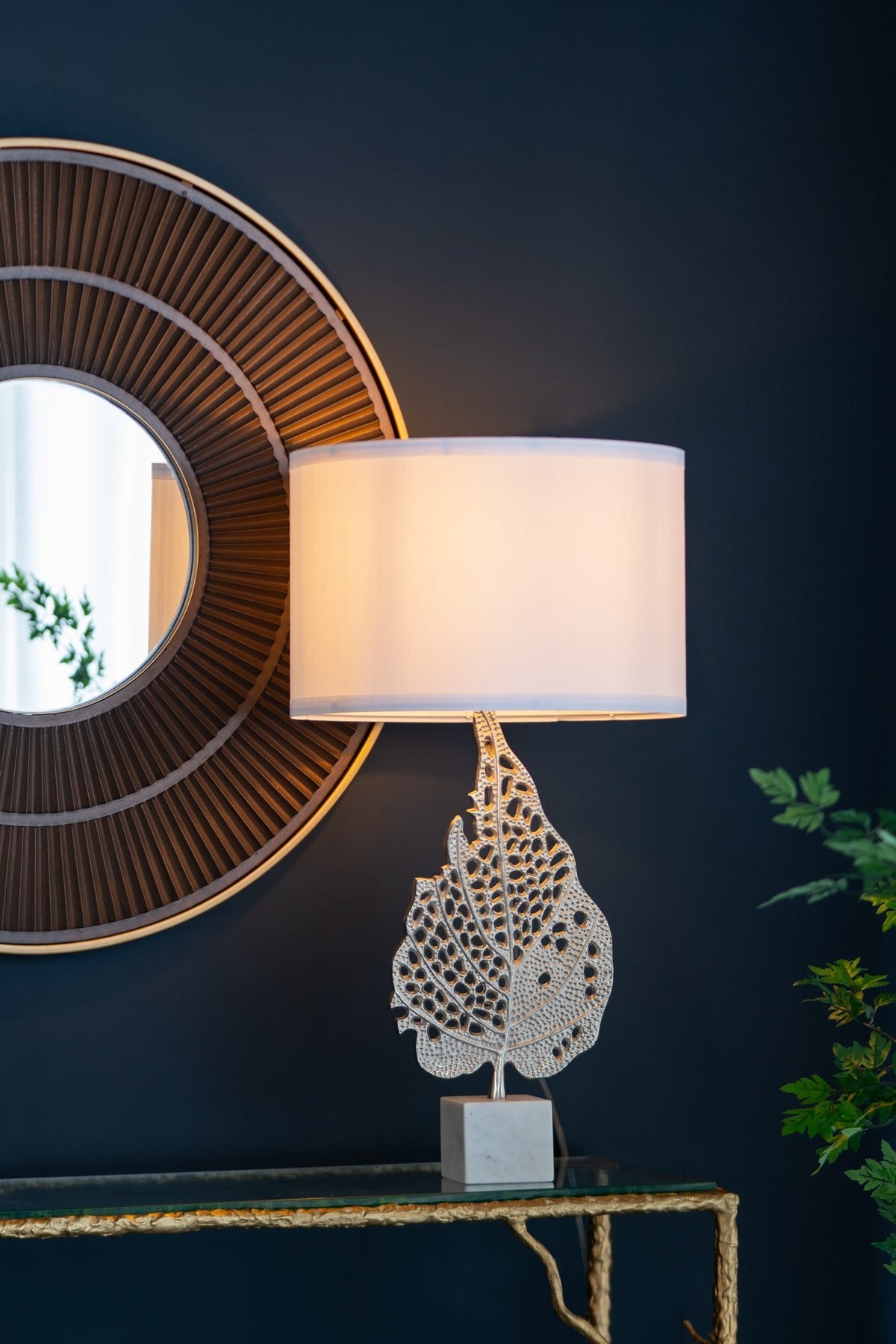 D15x29.3" White and Silver Leaf Table Lamp with Drum Shade and Marble Base (Lamp Shade Assembly Required)
