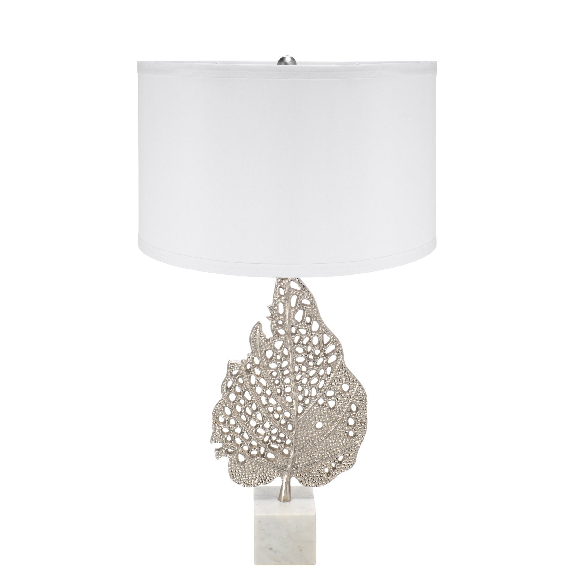 D15x29.3" White and Silver Leaf Table Lamp with Drum Shade and Marble Base (Lamp Shade Assembly Required)