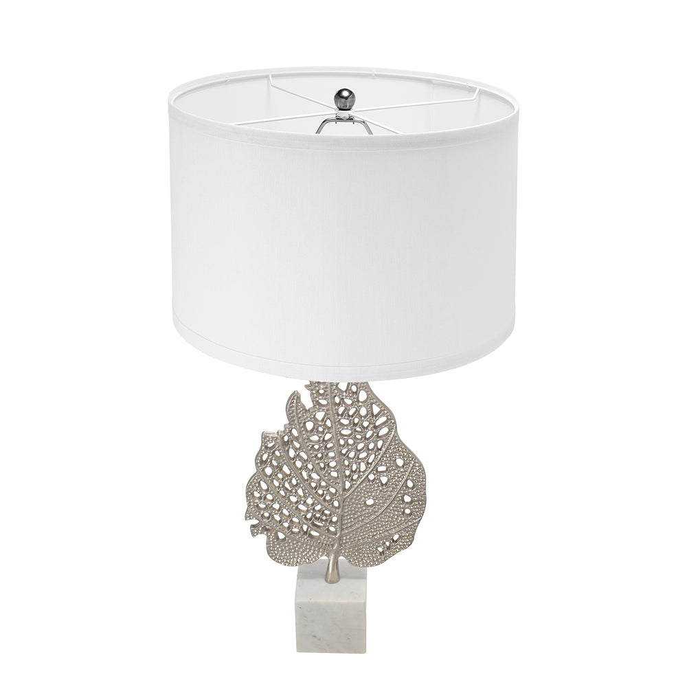 D15x29.3" White and Silver Leaf Table Lamp with Drum Shade and Marble Base (Lamp Shade Assembly Required)