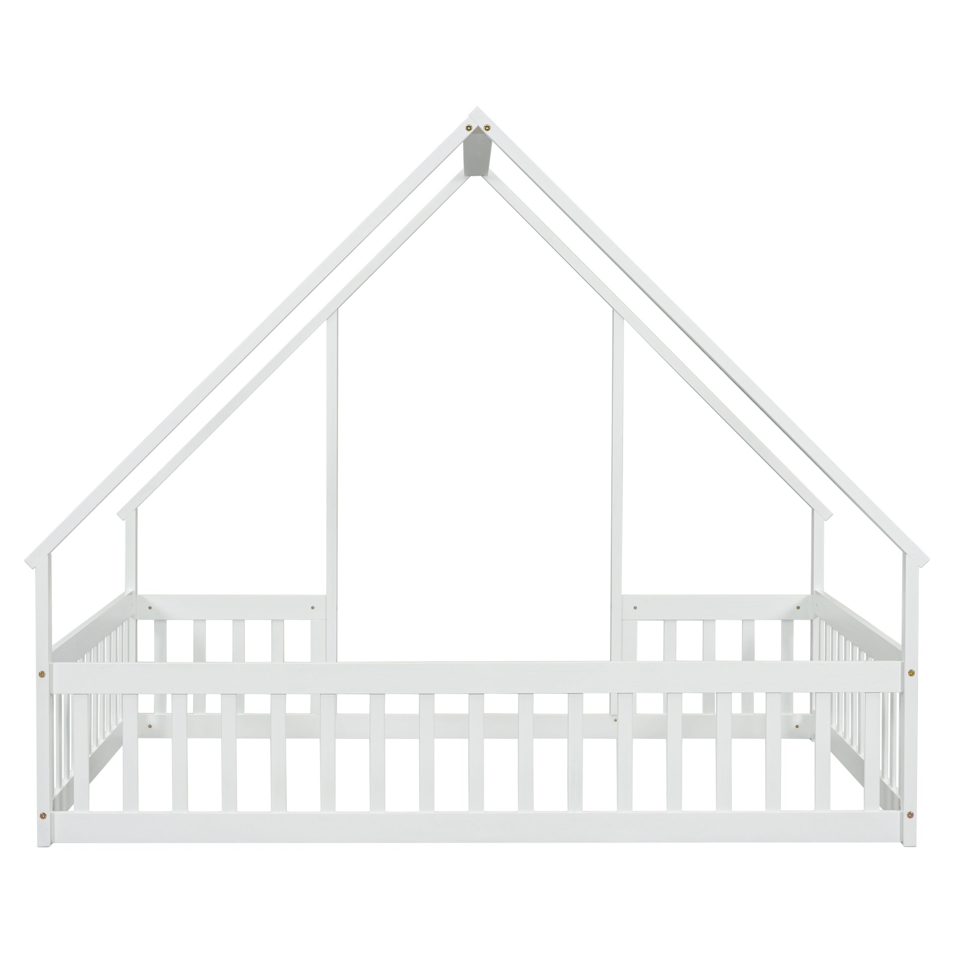 Full Wood House-Shaped Floor Bed with Fence, Guardrails,White