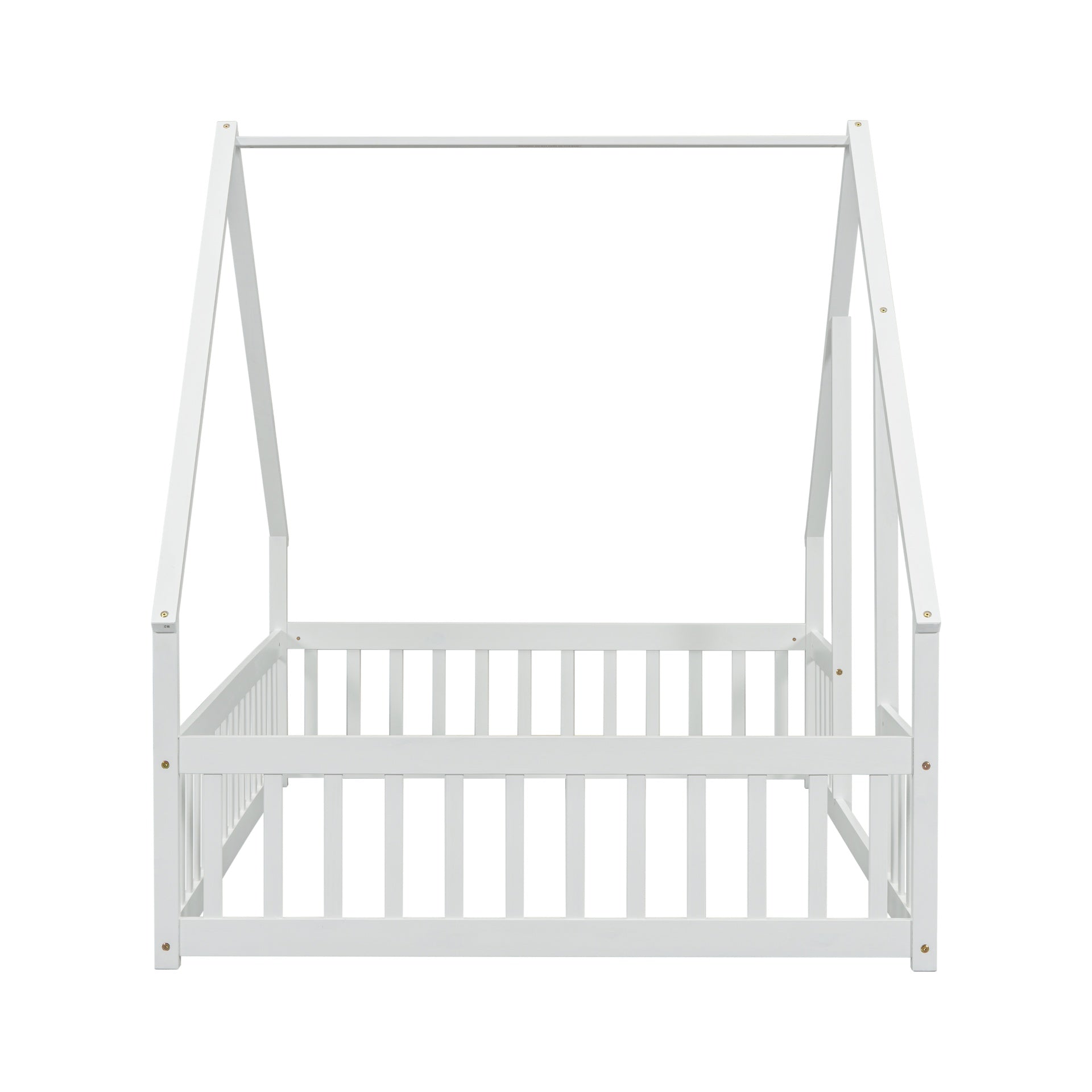 Full Wood House-Shaped Floor Bed with Fence, Guardrails,White