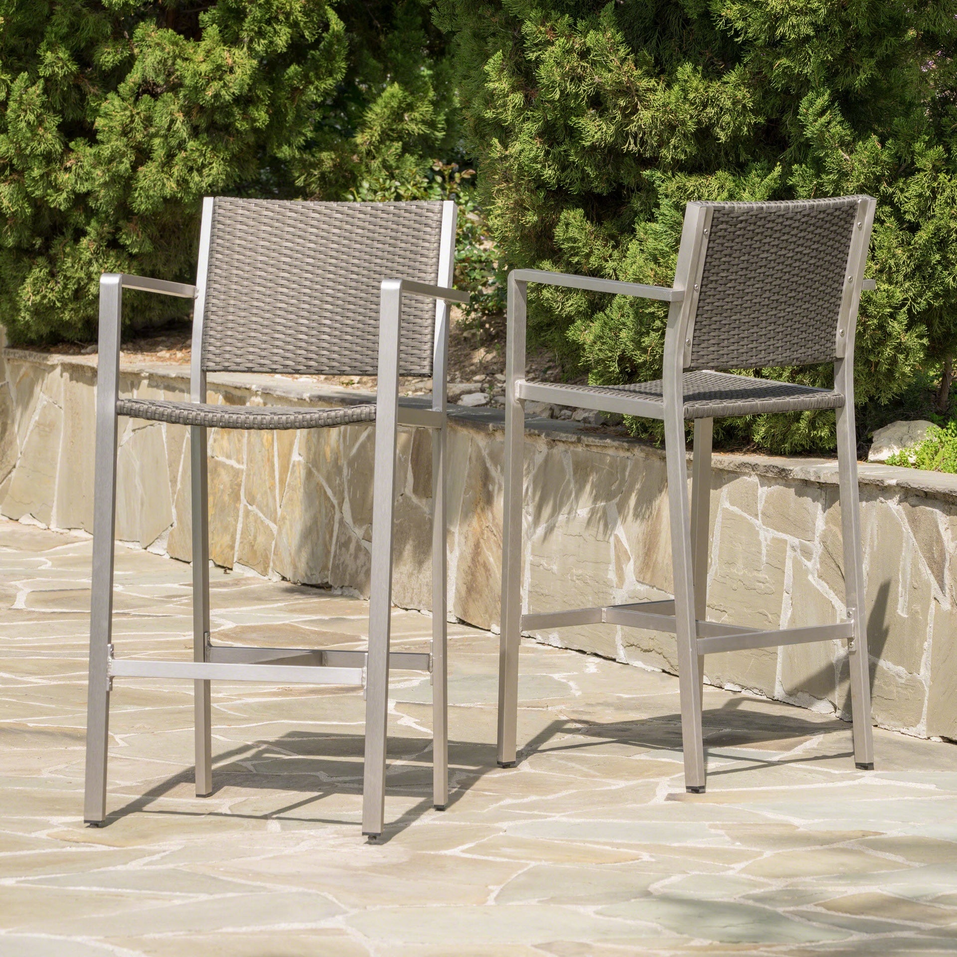 Outdoor 29.50" Rust-Proof Aluminum Barstools with PE Rattan Seat and Backrest, Set of 2, Silver & Grey