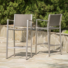 Outdoor 29.50" Rust-Proof Aluminum Barstools with PE Rattan Seat and Backrest, Set of 2, Silver & Grey