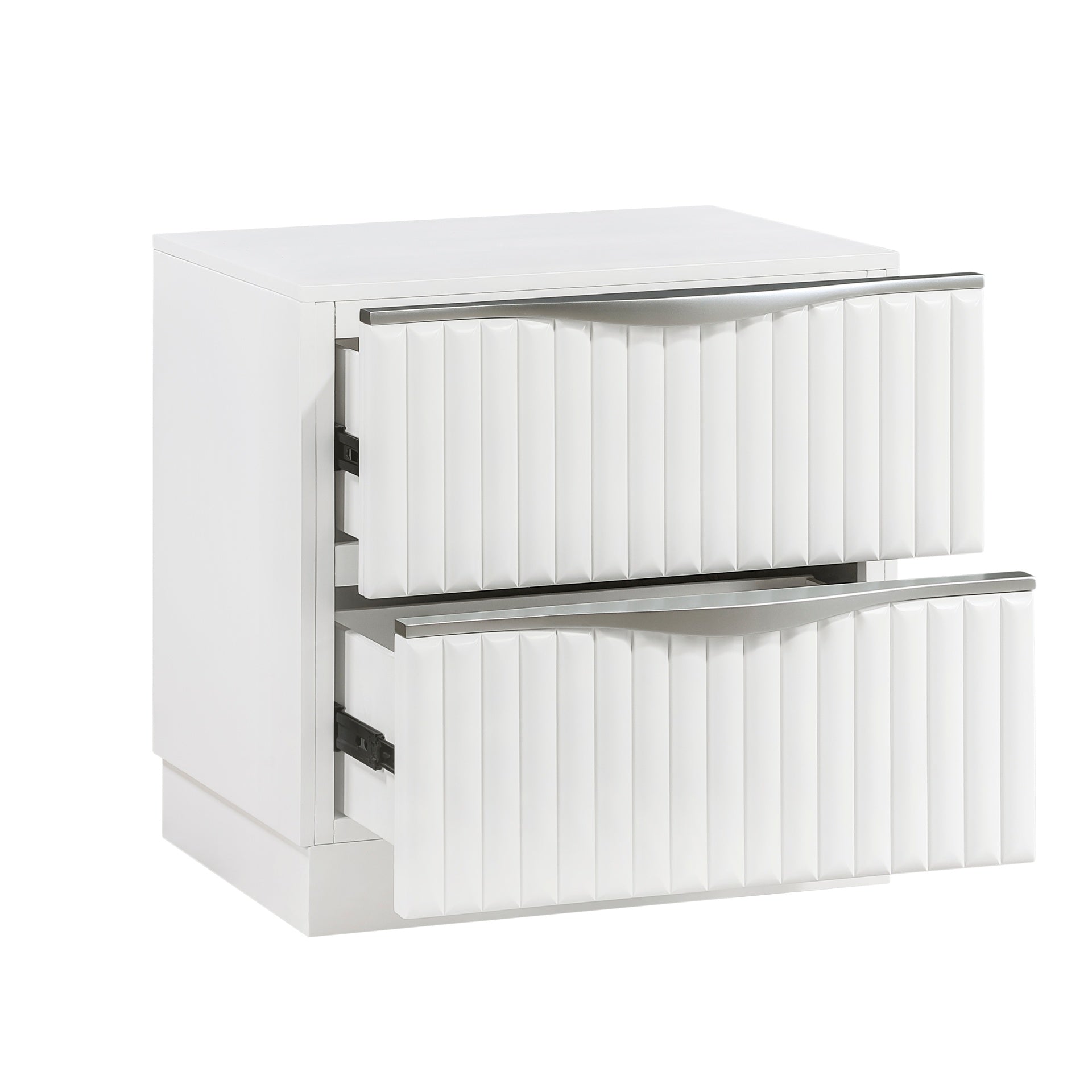 Luxurious Pearl White Finish Nightstand of Two Drawers Textured Panel Sleek Handles Glam Bedroom Furniture 1pc Bedside Cabinet