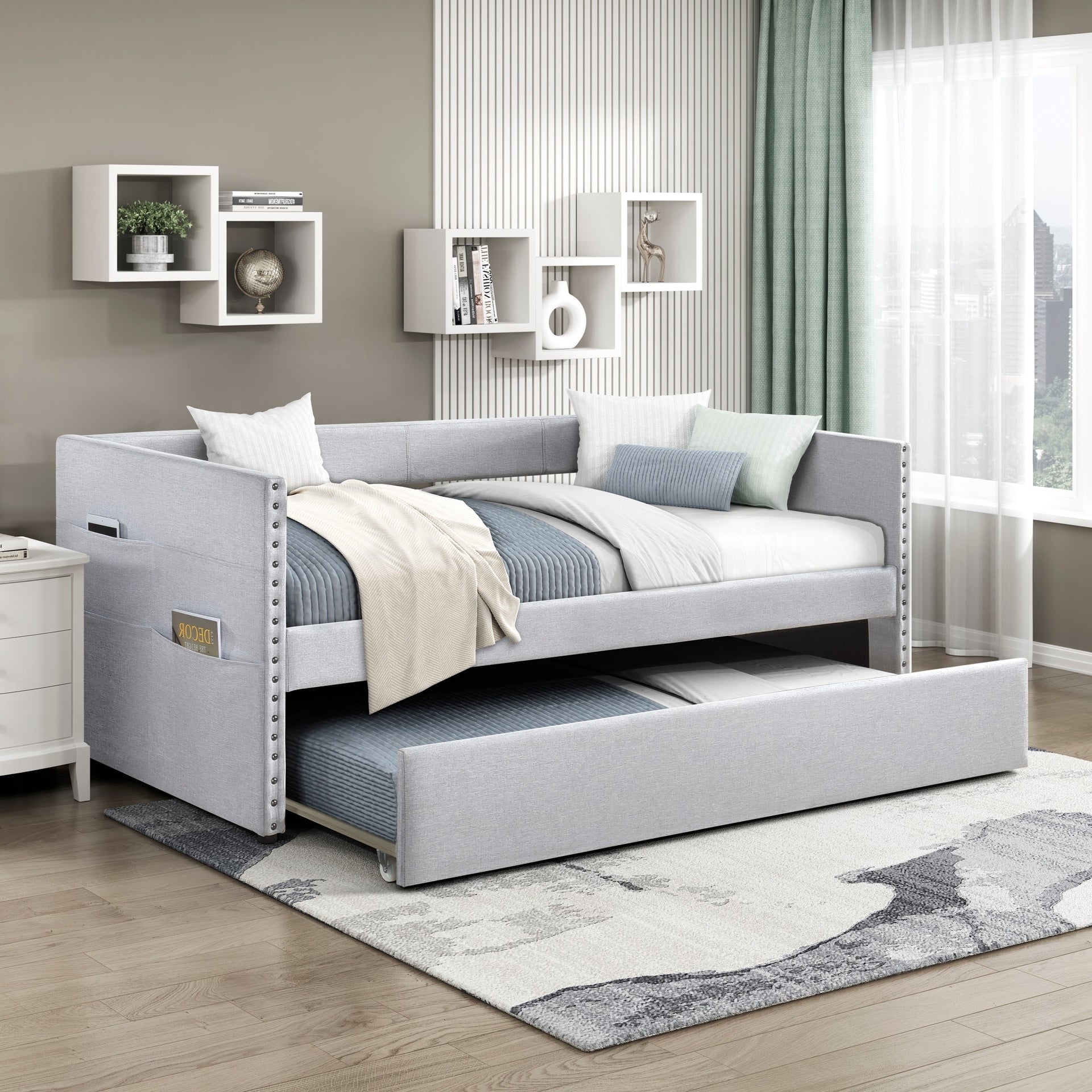 Modern Daybed Pull-out Trundle Side Pockets Light Gray Upholstery Nailhead Trim Bedroom Living Room Furniture 1pc