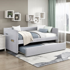 Modern Daybed Pull-out Trundle Side Pockets Light Gray Upholstery Nailhead Trim Bedroom Living Room Furniture 1pc