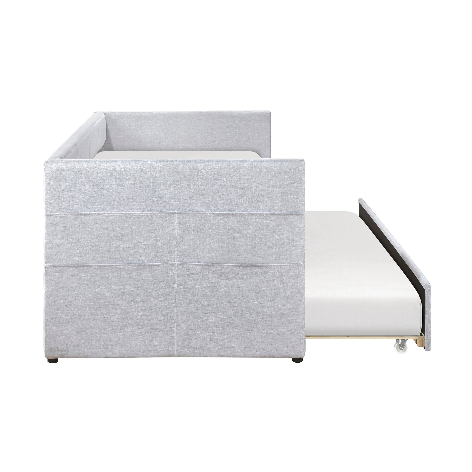 Modern Daybed Pull-out Trundle Side Pockets Light Gray Upholstery Nailhead Trim Bedroom Living Room Furniture 1pc