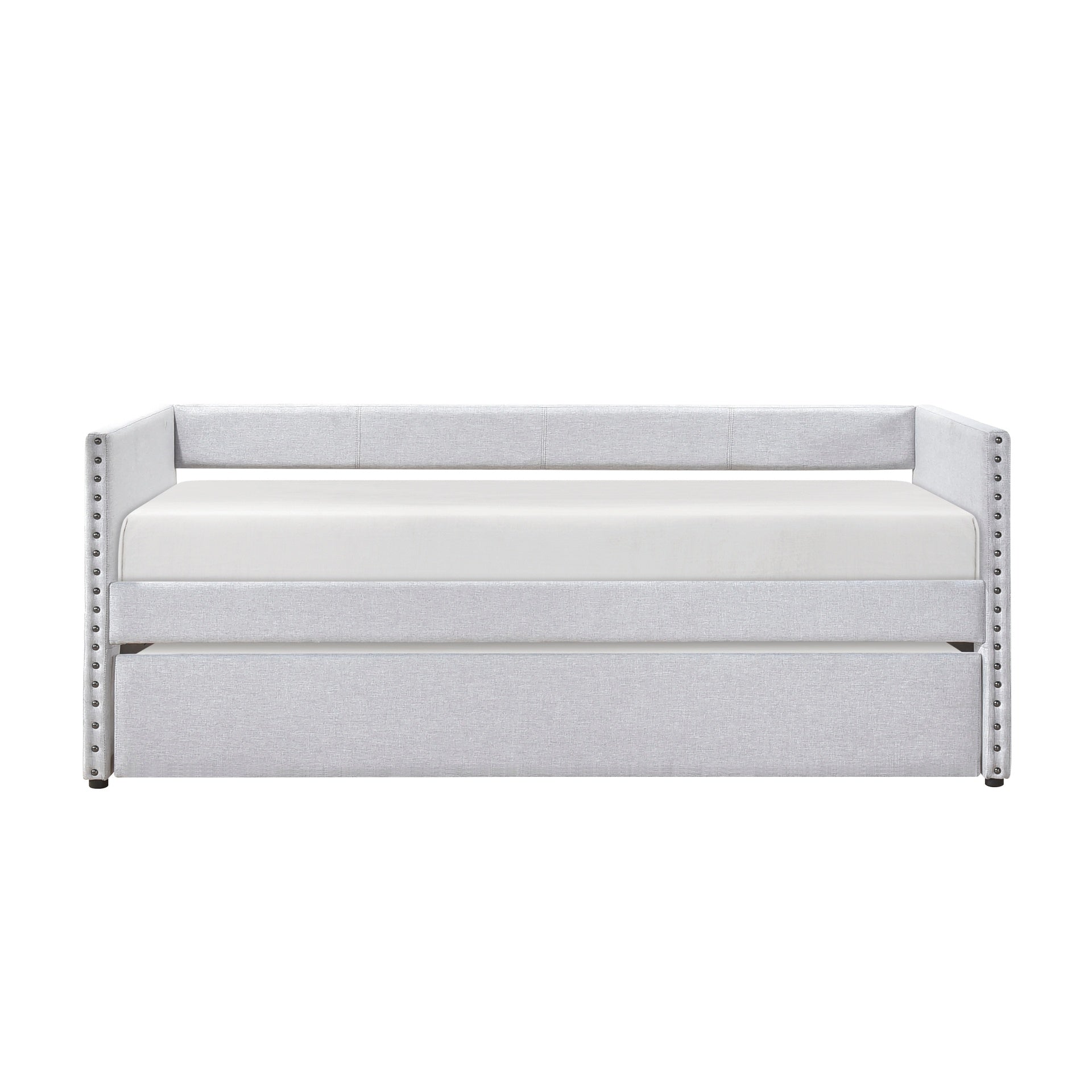 Modern Daybed Pull-out Trundle Side Pockets Light Gray Upholstery Nailhead Trim Bedroom Living Room Furniture 1pc