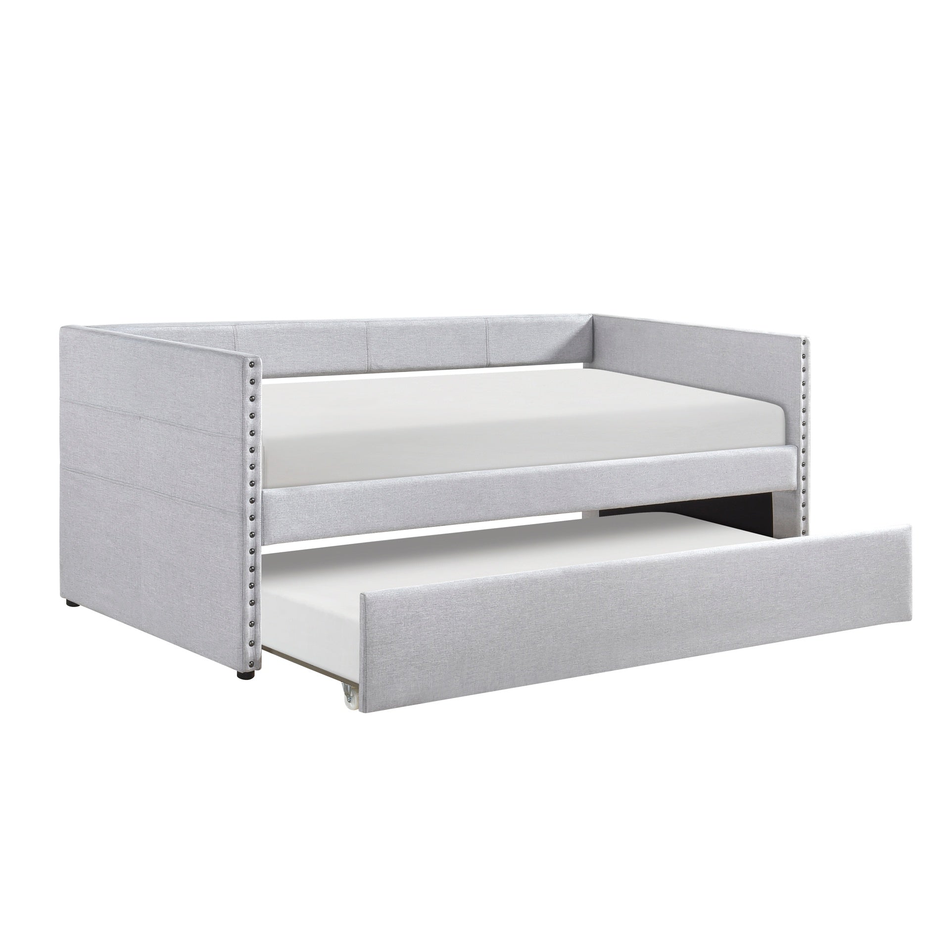 Modern Daybed Pull-out Trundle Side Pockets Light Gray Upholstery Nailhead Trim Bedroom Living Room Furniture 1pc