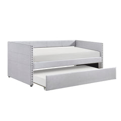 Modern Daybed Pull-out Trundle Side Pockets Light Gray Upholstery Nailhead Trim Bedroom Living Room Furniture 1pc