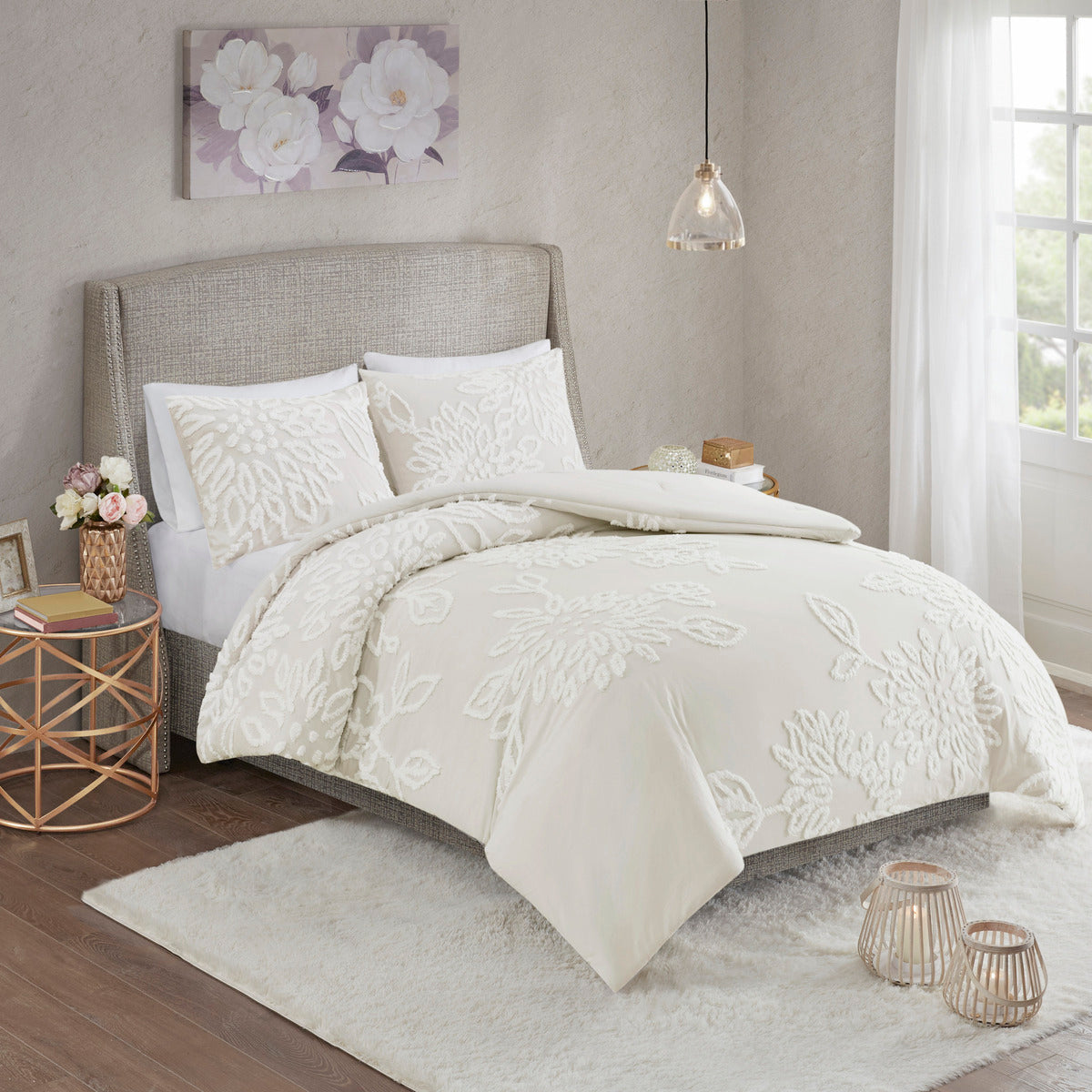 3 Piece Tufted Cotton Chenille Floral Comforter Set Off-White King/Cal King