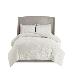 3 Piece Tufted Cotton Chenille Floral Comforter Set Off-White King/Cal King