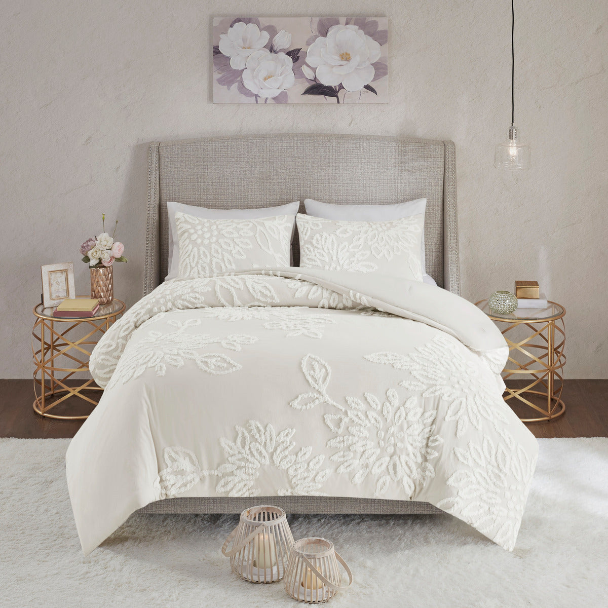 3 Piece Tufted Cotton Chenille Floral Comforter Set Off-White King/Cal King