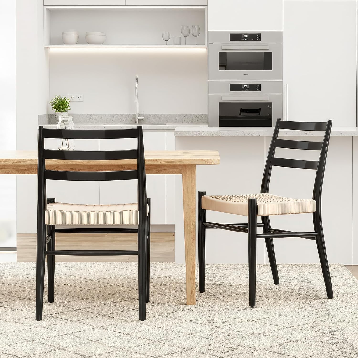 Dining Chairs Set of 2, Woven Rope Seat with Sturdy Metal Frame, Mid Century Modern Dining Room Chairs for Kitchen, Living Room, Restaurant