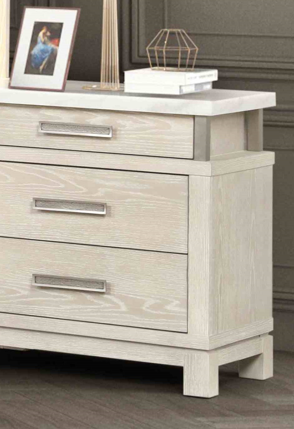 Transitional Style 1pc Nightstand Metal Handles Marble Top UV-Stained Bottom Drawer Ball Bearing Glide Weathered Gray Finish Bedroom Furniture