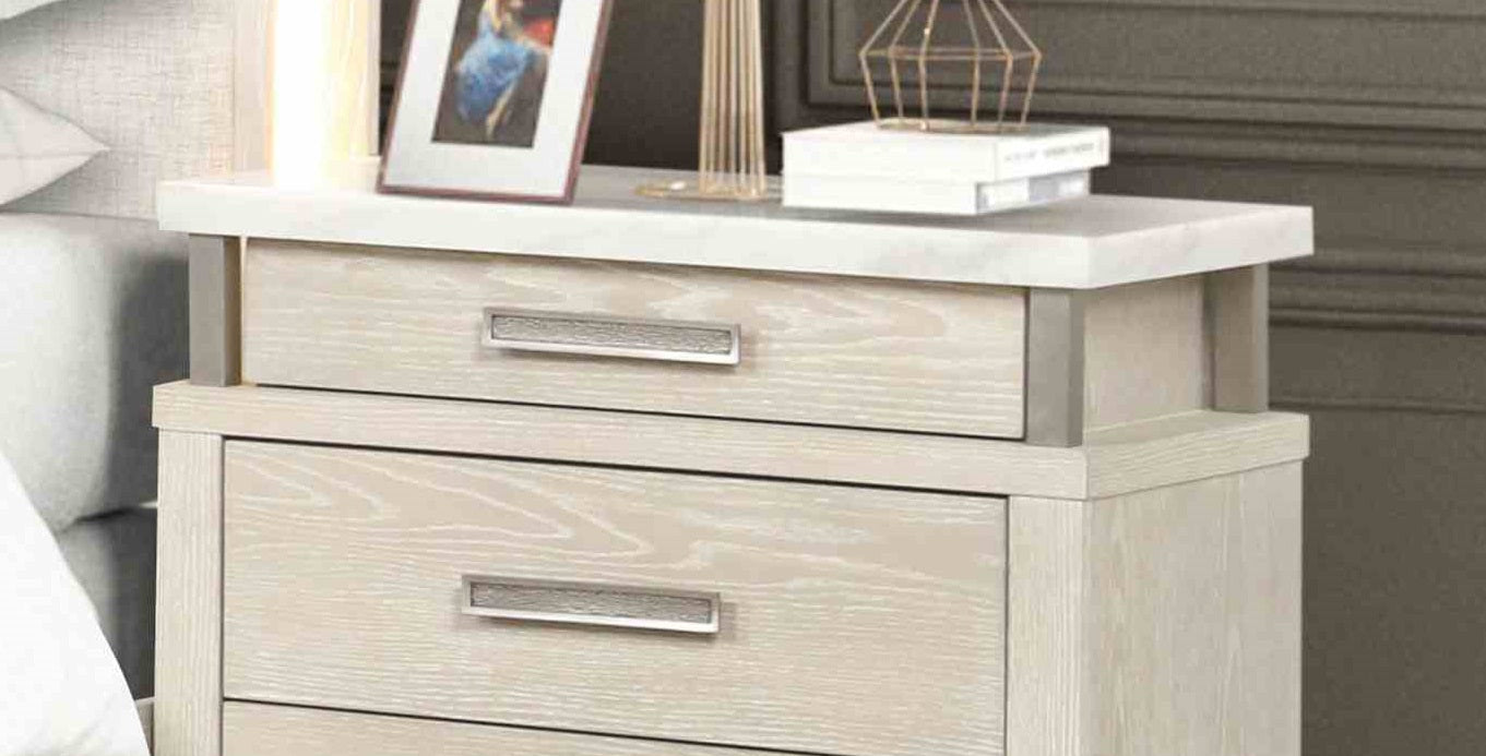 Transitional Style 1pc Nightstand Metal Handles Marble Top UV-Stained Bottom Drawer Ball Bearing Glide Weathered Gray Finish Bedroom Furniture