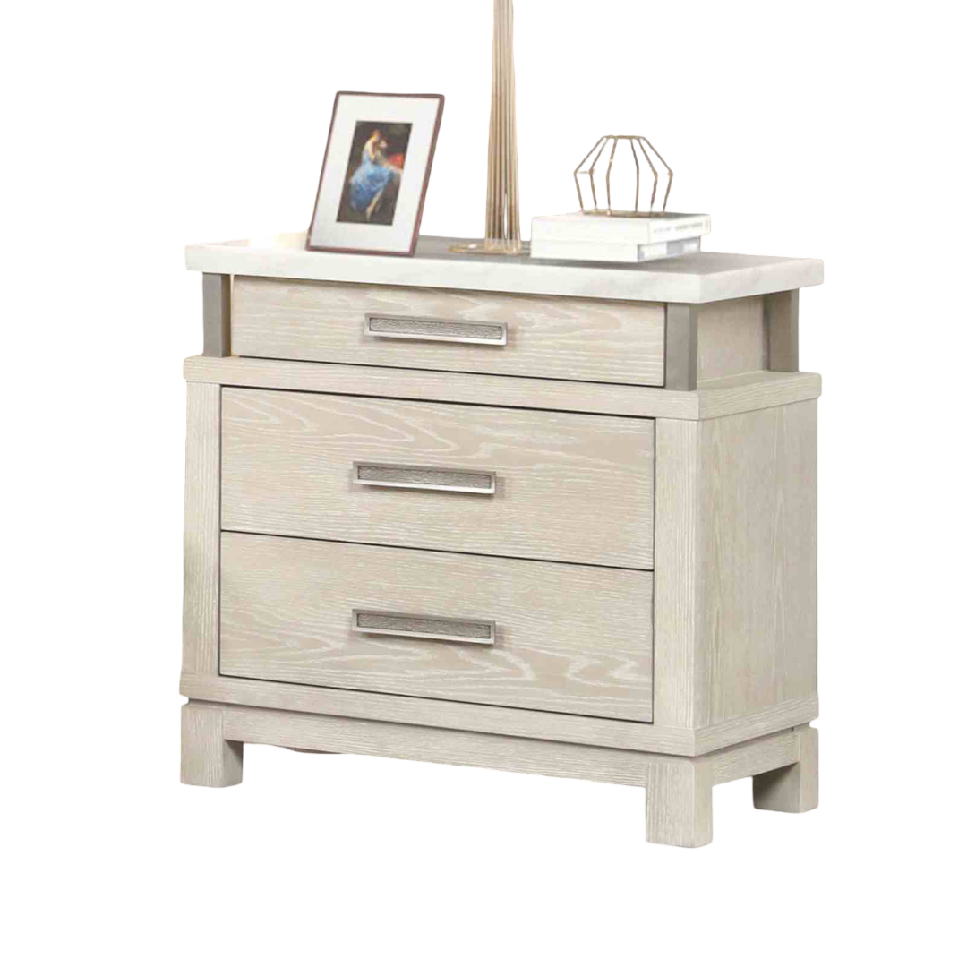 Transitional Style 1pc Nightstand Metal Handles Marble Top UV-Stained Bottom Drawer Ball Bearing Glide Weathered Gray Finish Bedroom Furniture