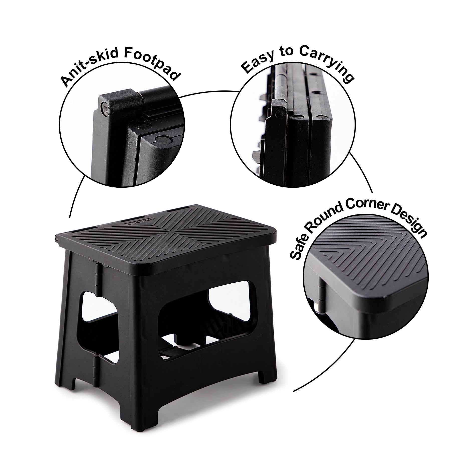 9in Folding Step Stool, Compact, Portable, Non-Slip, 300 lbs. weight capacity for adults and children. Secure non-slip top and rubber feet, great for home and camping, black color