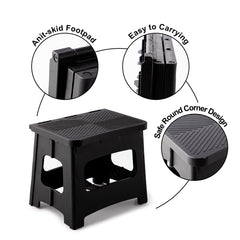 9in Folding Step Stool, Compact, Portable, Non-Slip, 300 lbs. weight capacity for adults and children. Secure non-slip top and rubber feet, great for home and camping, black color