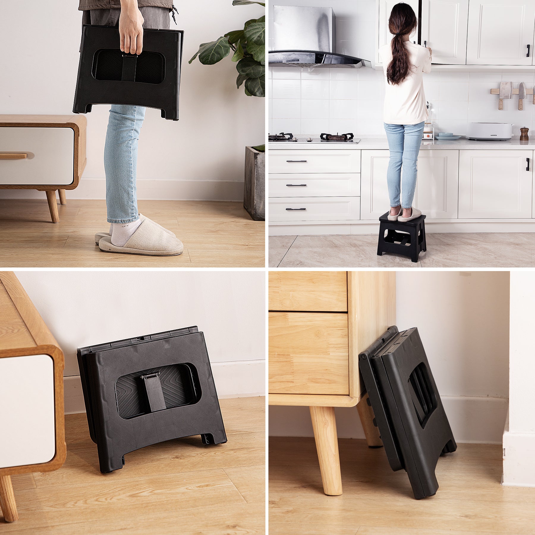 9in Folding Step Stool, Compact, Portable, Non-Slip, 300 lbs. weight capacity for adults and children. Secure non-slip top and rubber feet, great for home and camping, black color