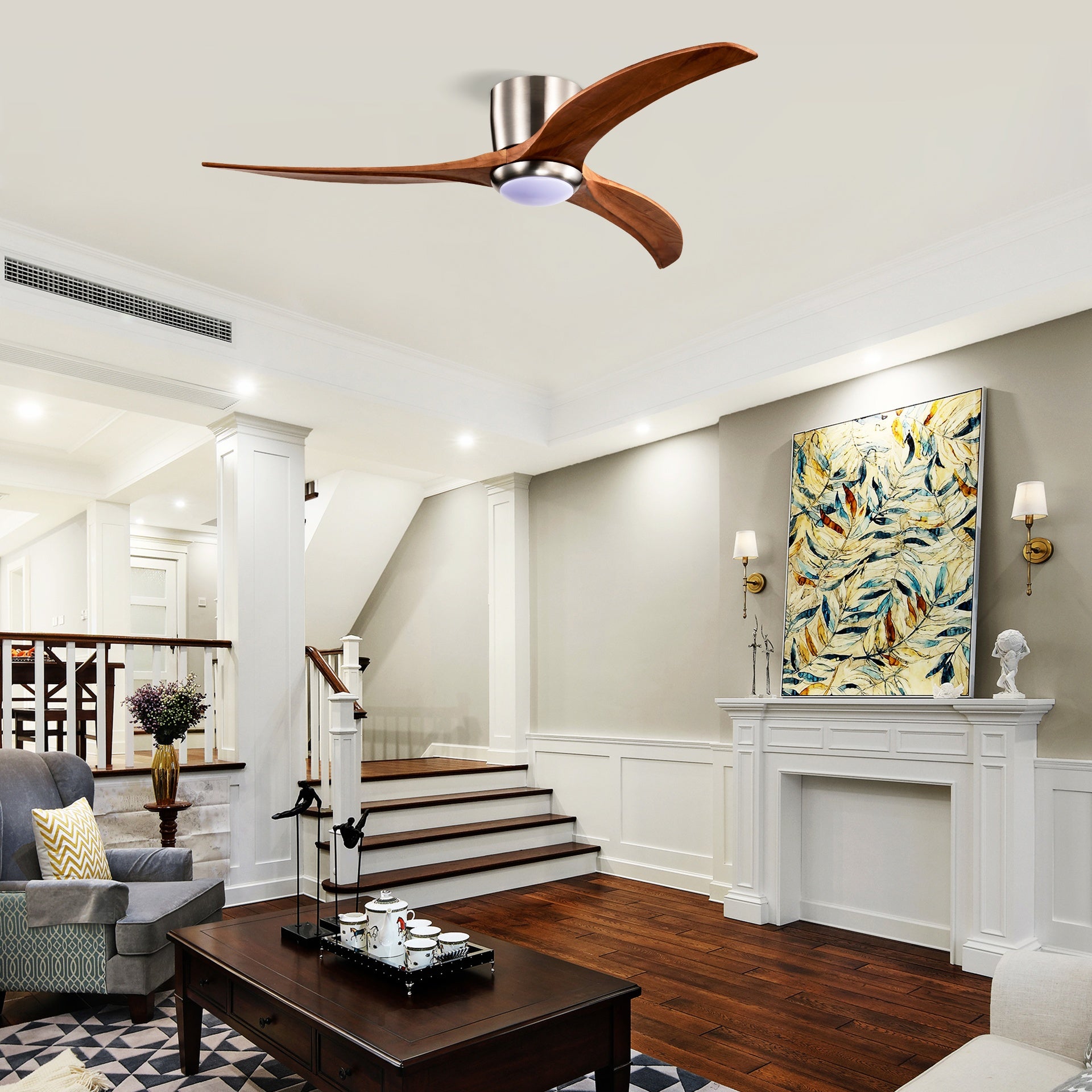 52" Flush Mount Fan Light,3 PCS Solid Wood Blades Ceiling Fan with Lights Remote Control,Quiet DC Motor, 6 Speed ,Reversible Ceiling Fan for Patio Living Room, Bedroom, Office,Indoor.(Stain Nickel )