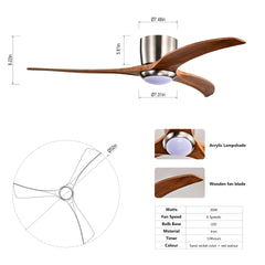 52" Flush Mount Fan Light,3 PCS Solid Wood Blades Ceiling Fan with Lights Remote Control,Quiet DC Motor, 6 Speed ,Reversible Ceiling Fan for Patio Living Room, Bedroom, Office,Indoor.(Stain Nickel )