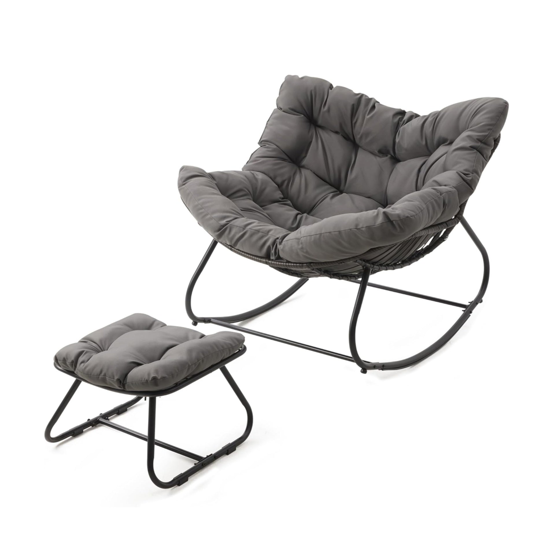 Dark Gray Egg Rocking Chair with Ottoman, All-Weather Wicker Lounge & Cushions