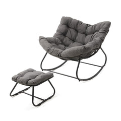 Dark Gray Egg Rocking Chair with Ottoman, All-Weather Wicker Lounge & Cushions