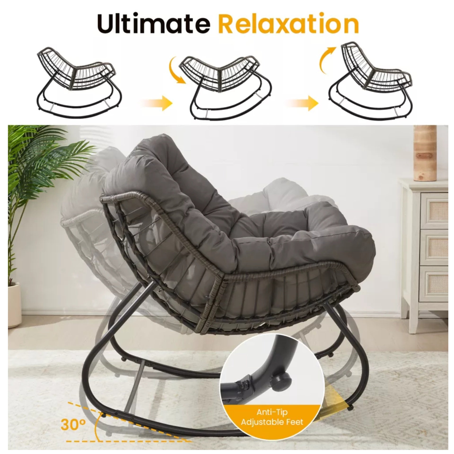 Dark Gray Egg Rocking Chair with Ottoman, All-Weather Wicker Lounge & Cushions