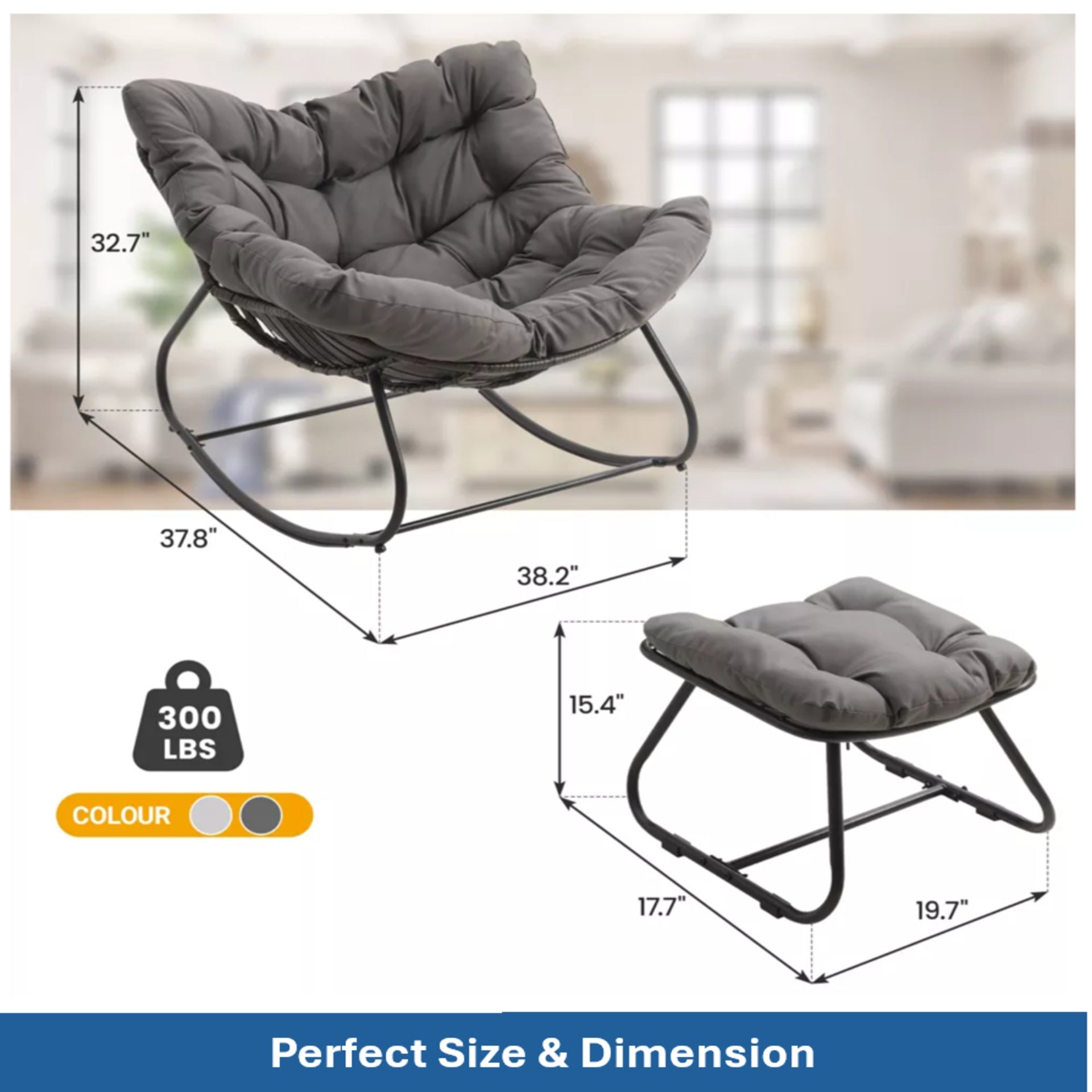 Dark Gray Egg Rocking Chair with Ottoman, All-Weather Wicker Lounge & Cushions