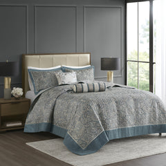 5 Piece Jacquard Bedspread Set with Throw Pillows Teal Queen