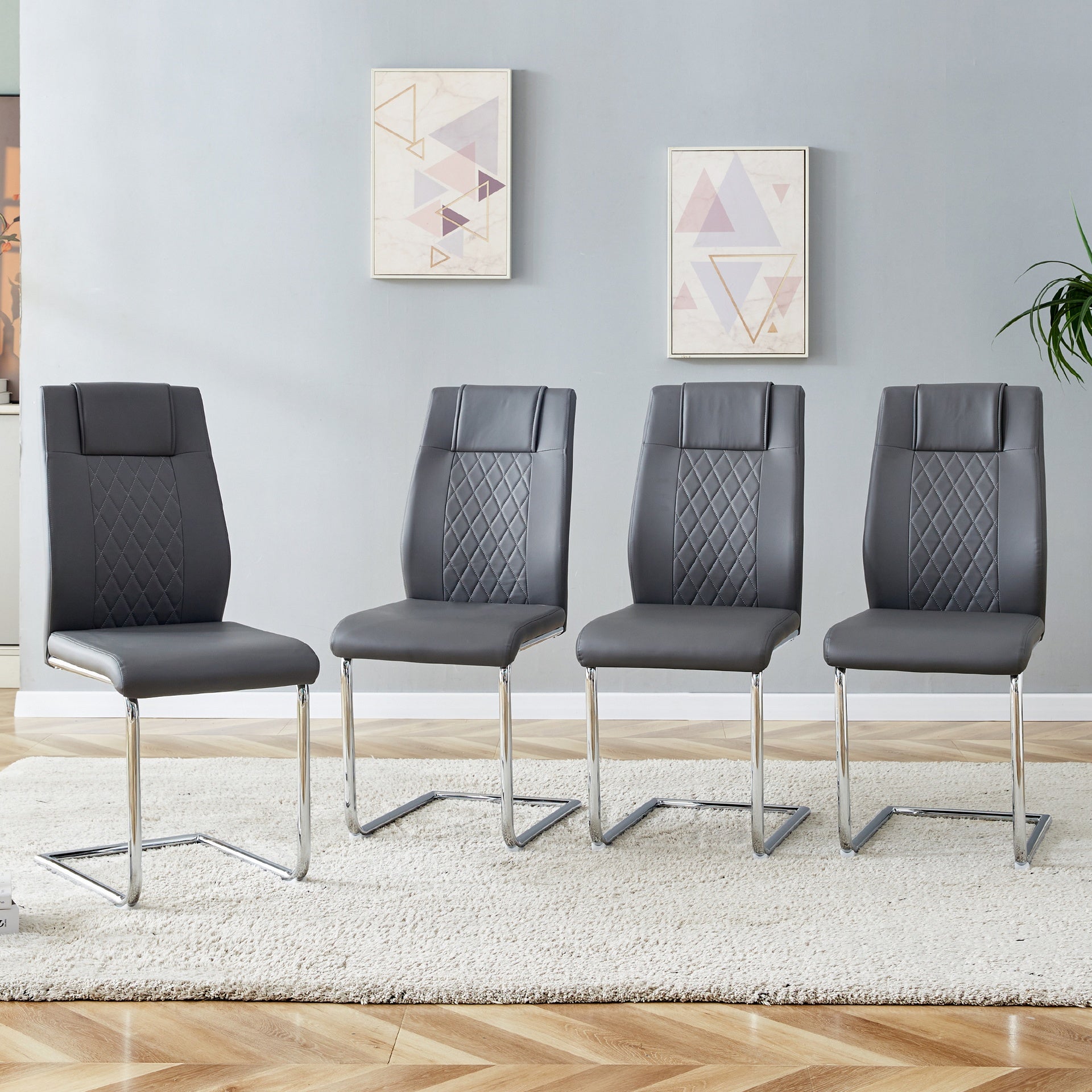 Modern Dining Chairs with Faux Leather Padded Seat Dining Living Room Chairs Upholstered Chair with Metal Legs Design for Kitchen, Living, Bedroom, Dining Room Side Chairs Set of 4 (Grey+PU)C-001