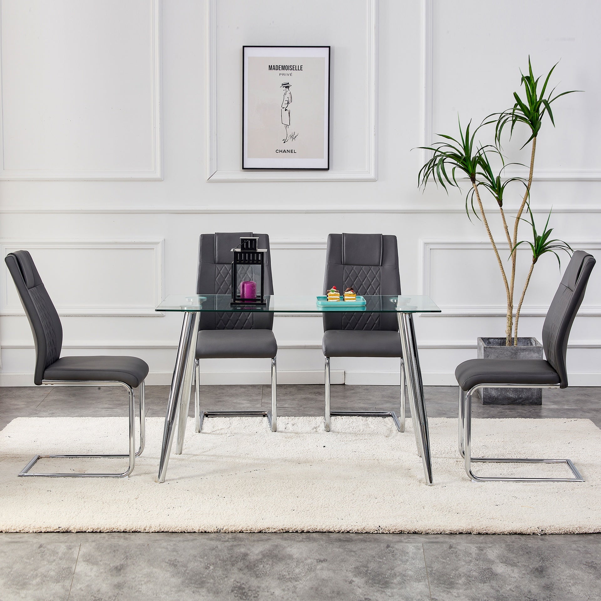 Modern Dining Chairs with Faux Leather Padded Seat Dining Living Room Chairs Upholstered Chair with Metal Legs Design for Kitchen, Living, Bedroom, Dining Room Side Chairs Set of 4 (Grey+PU)C-001
