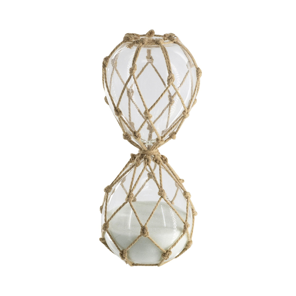 3.8x3.8x10" Clear 45-Minute Hourglass with White Sand and Tan Cotton Netting