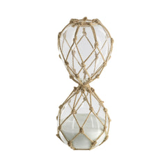 3.8x3.8x10" Clear 45-Minute Hourglass with White Sand and Tan Cotton Netting